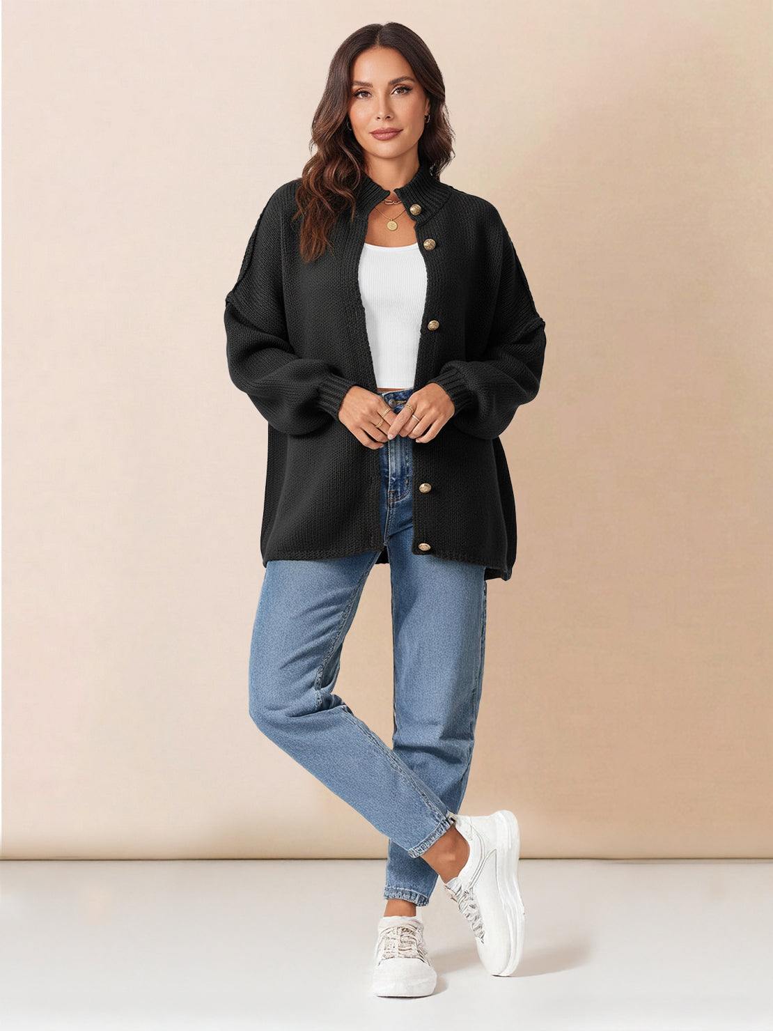 Oversized button-front knit cardigan with balloon sleeves and gold-tone buttons