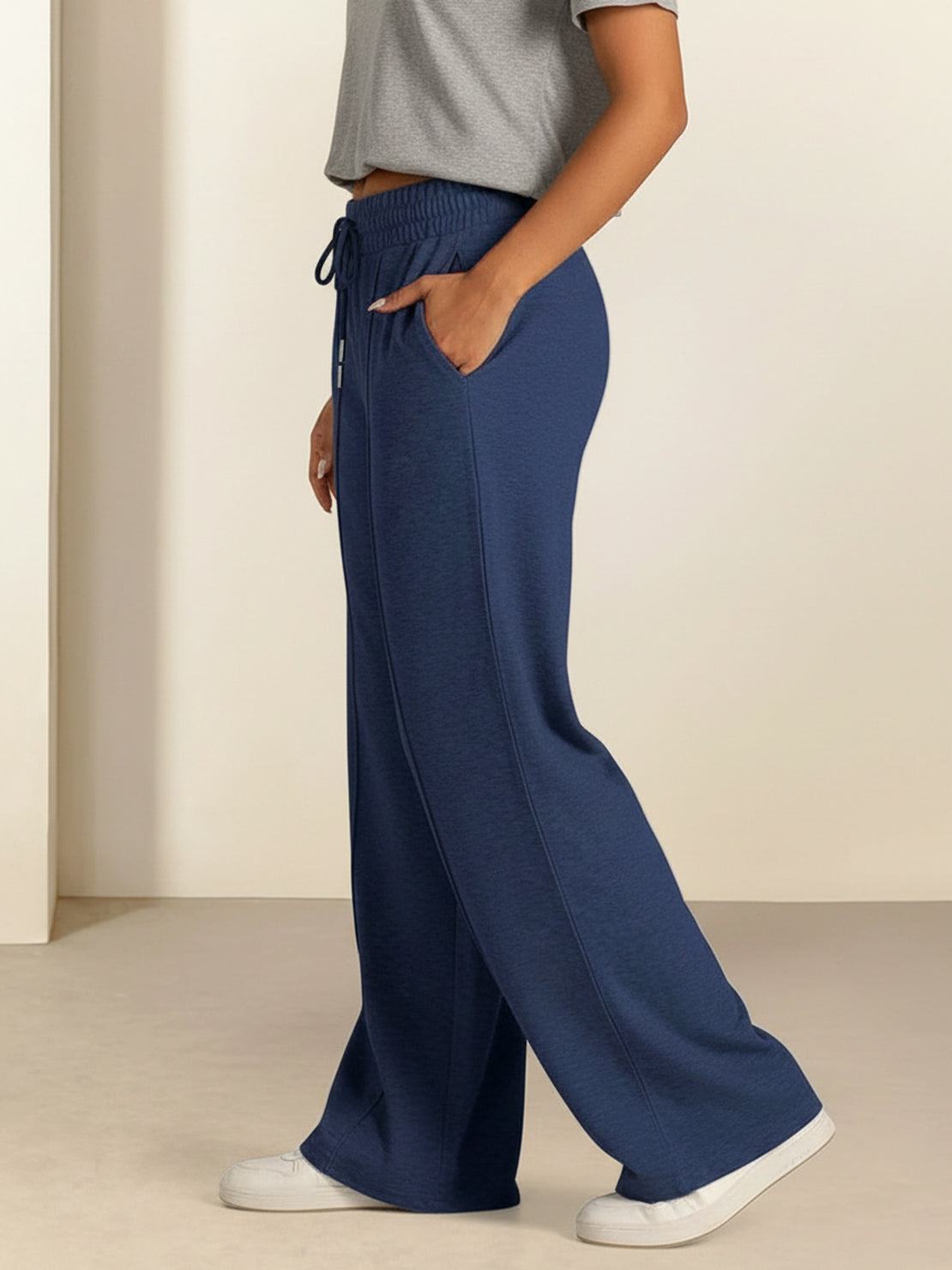 Soft knit wide-leg pants with elastic drawstring waist and breathable fabric