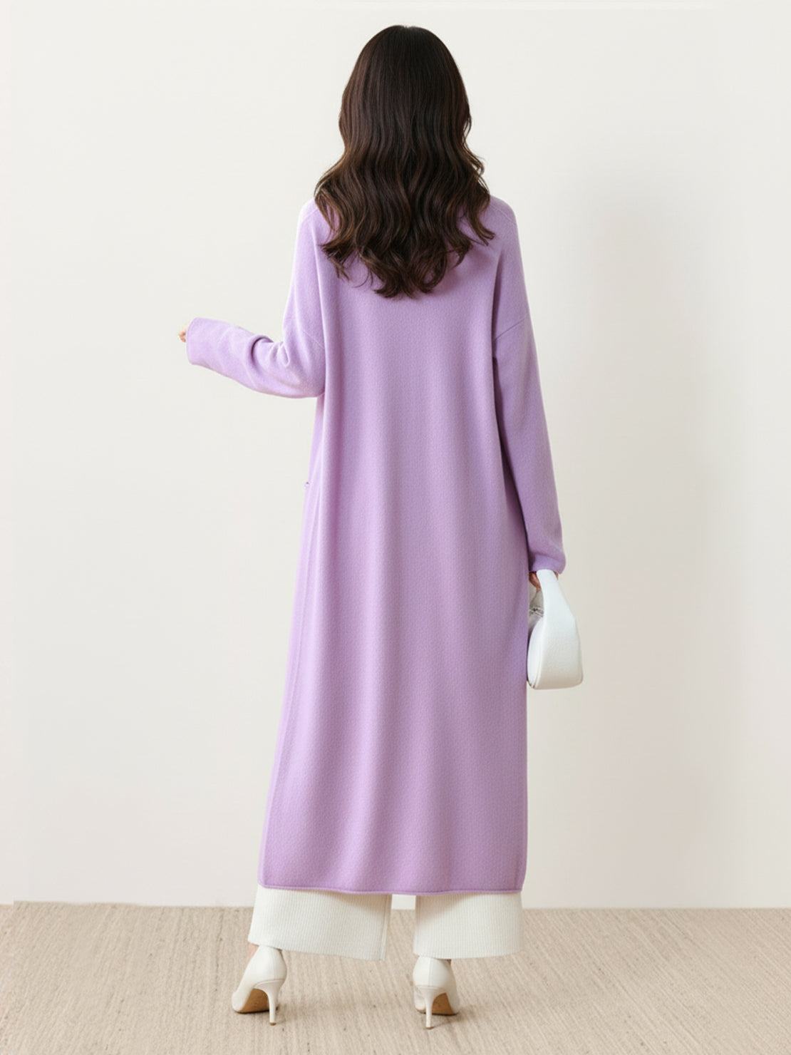 100% Australian Merino Wool long open-front cardigan with ribbed cuffs and front pockets