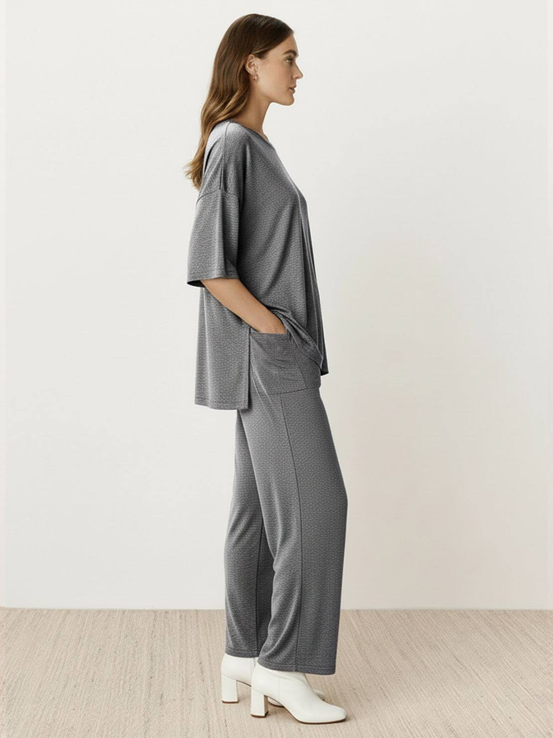 Oversized long-line loungewear set with short-sleeve pullover and wide-leg pants in soft knit fabric