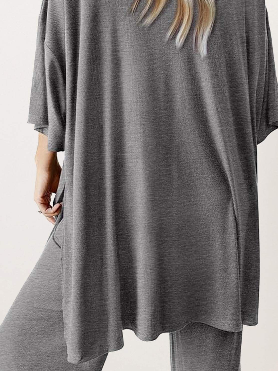 Oversized long-line loungewear set with oversized pullover and straight-leg pants in soft knit fabric