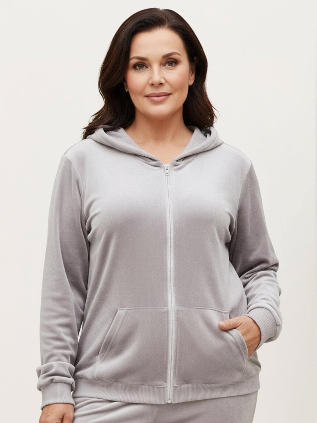 Plus size velour zip-up tracksuit with hoodie and straight-leg pants in soft plush fabric