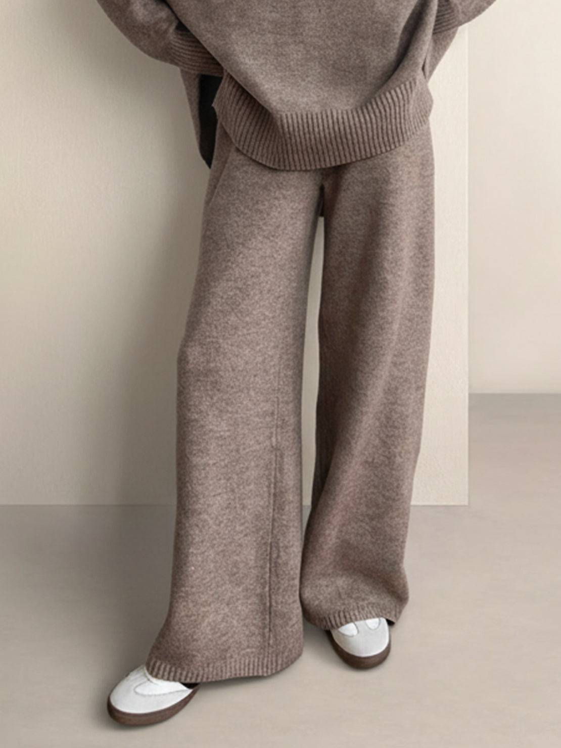 Soft-knit turtleneck two-piece set with relaxed fit and wide-leg pants