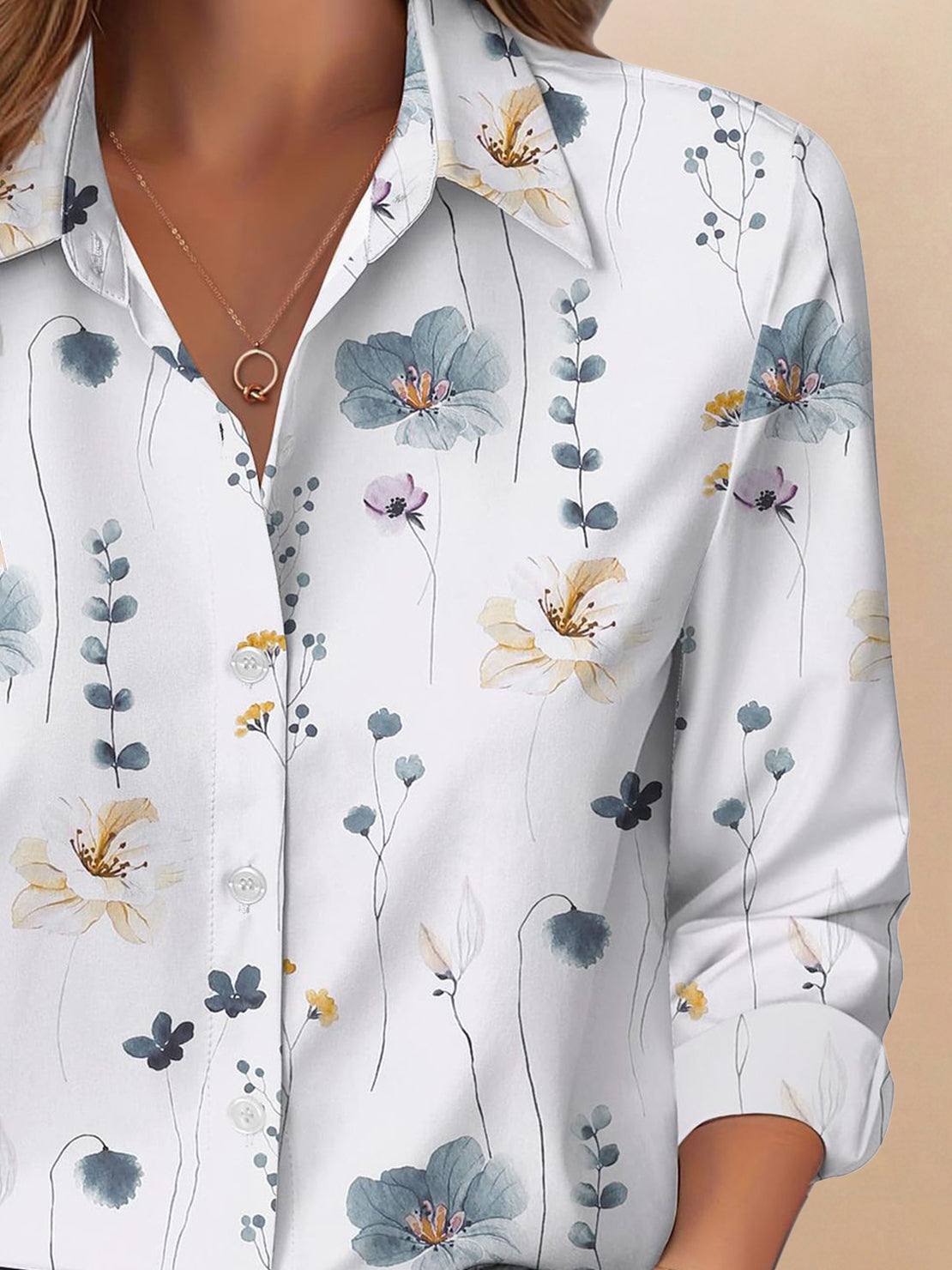 casual floral button-down shirt with long roll-up sleeves and hip-length hem