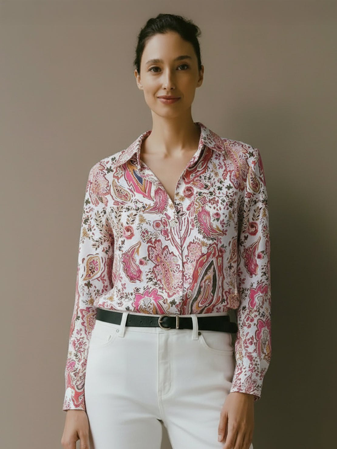 floral button-down shirt with long roll-up sleeves and relaxed fit for casual and work wear