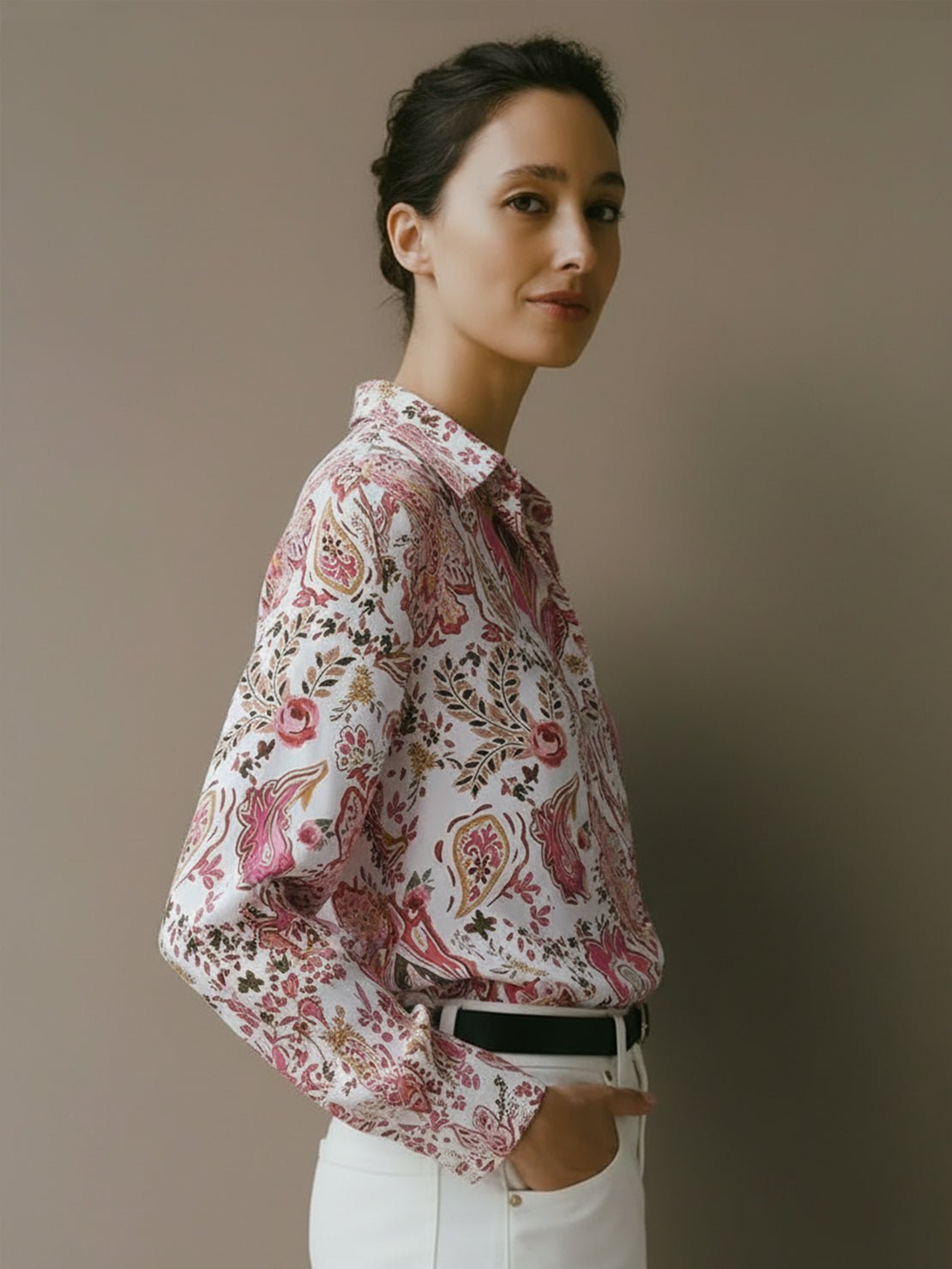 floral button-down shirt with long roll-up sleeves and hip-length hem
