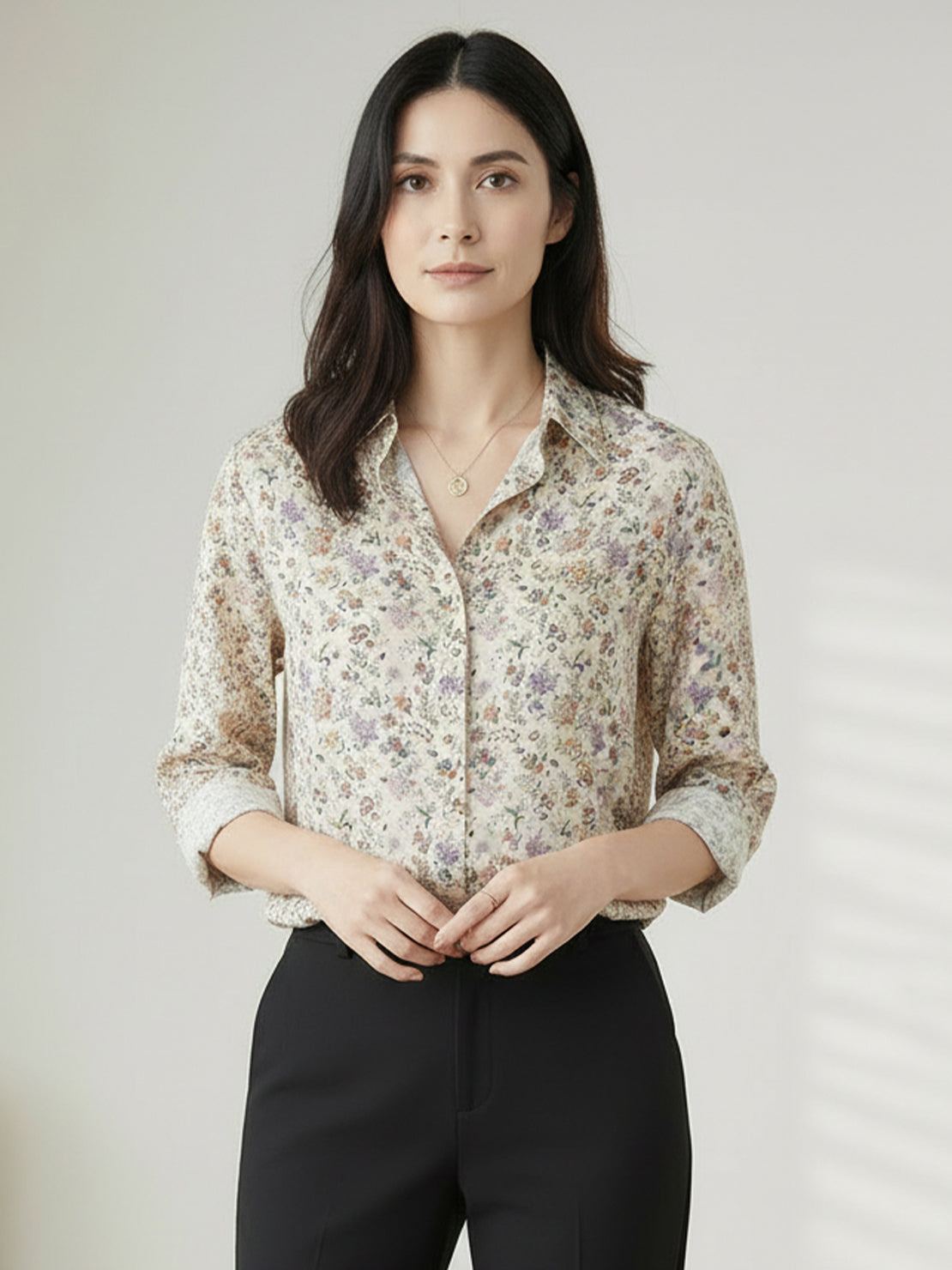 floral button-down shirt with long roll-up sleeves and relaxed fit