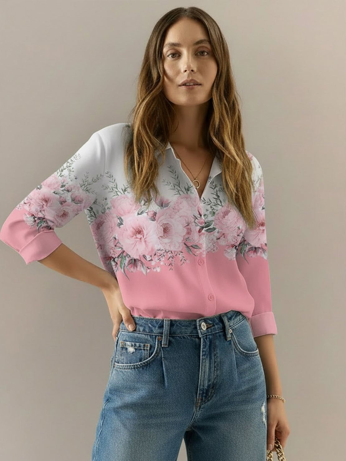 floral button-down shirt with long roll-up sleeves and relaxed hip-length fit