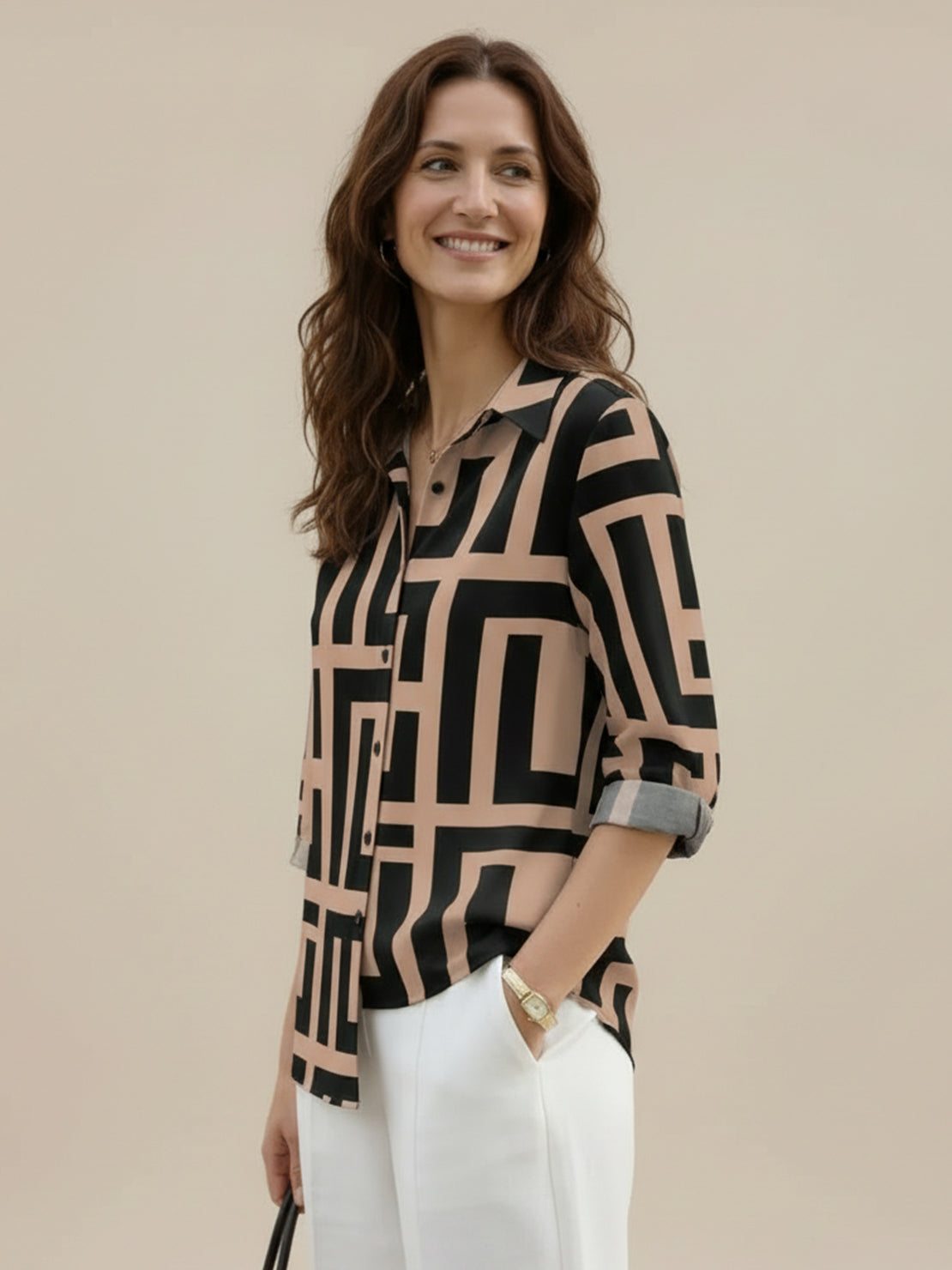 Floral button-down shirt with long roll-up sleeves and hip-length relaxed fit