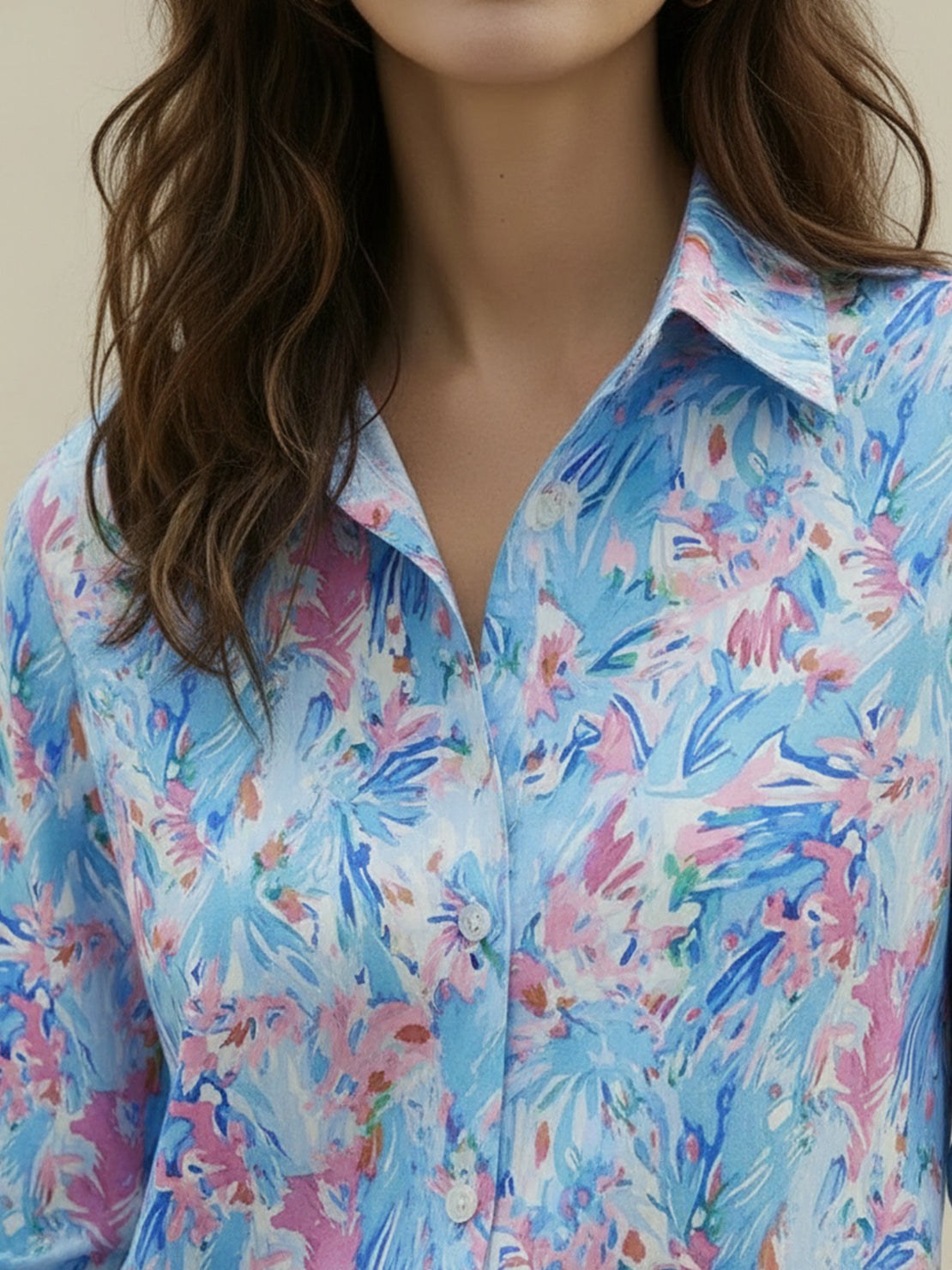 floral button-down shirt with long sleeves and relaxed fit