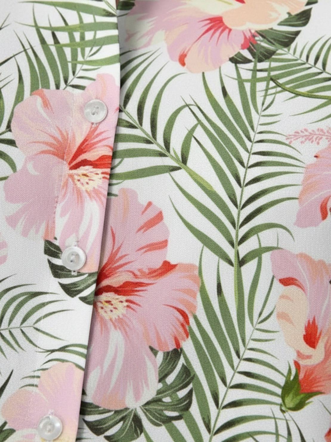 Floral button-down shirt with long roll-up sleeves and relaxed hip-length fit