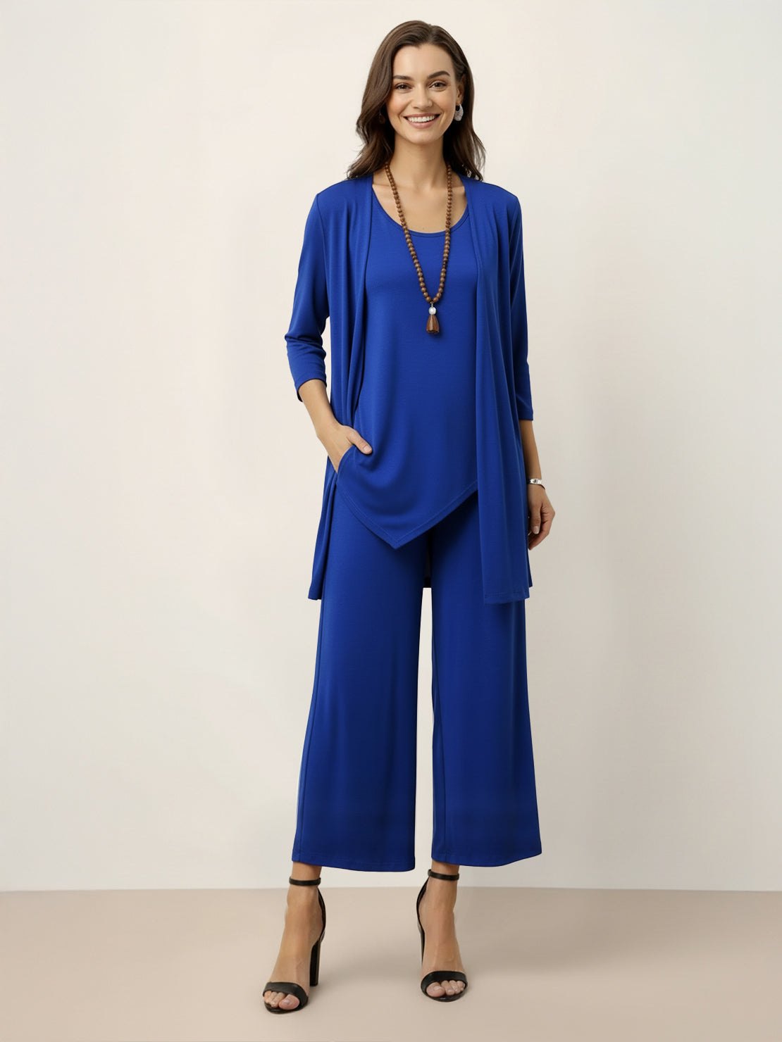 Open-front three-piece co-ord with longline cardigan, tank top, and wide-leg trousers in lightweight knit fabric