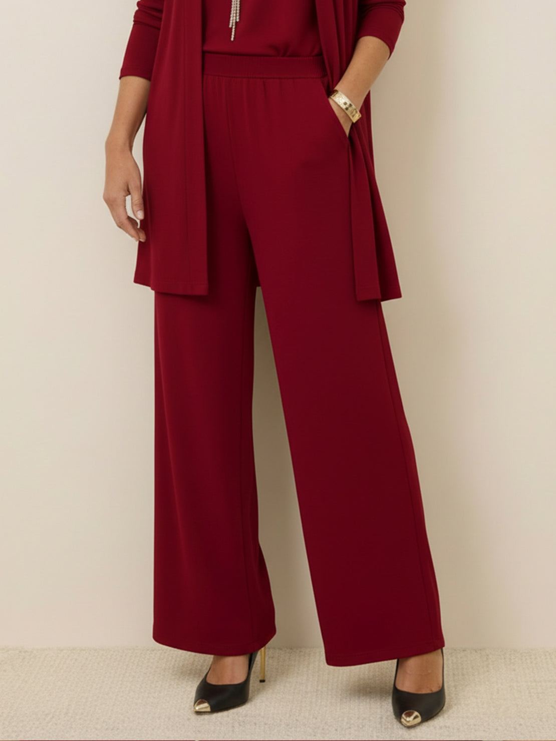 Open-front three-piece co-ord with longline cardigan, tank top, and wide-leg trousers in lightweight knit fabric