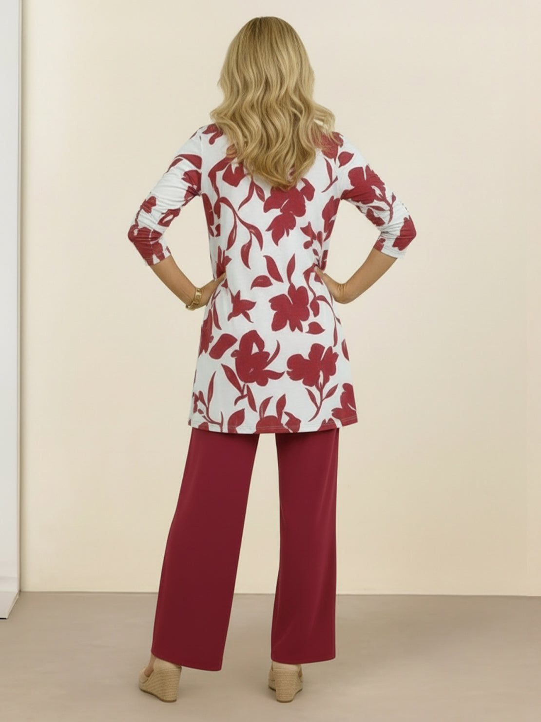 Open-front three-piece co-ord with longline cardigan, tank top, and wide-leg trousers in lightweight knit fabric