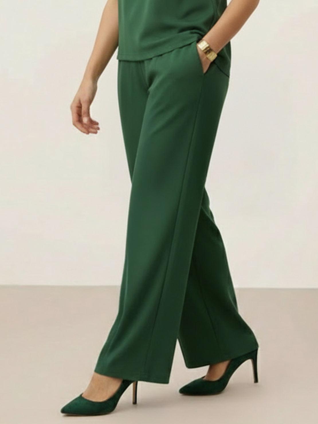 Open-front three-piece co-ord set with longline cardigan, tank top, and wide-leg trousers in lightweight knit fabric