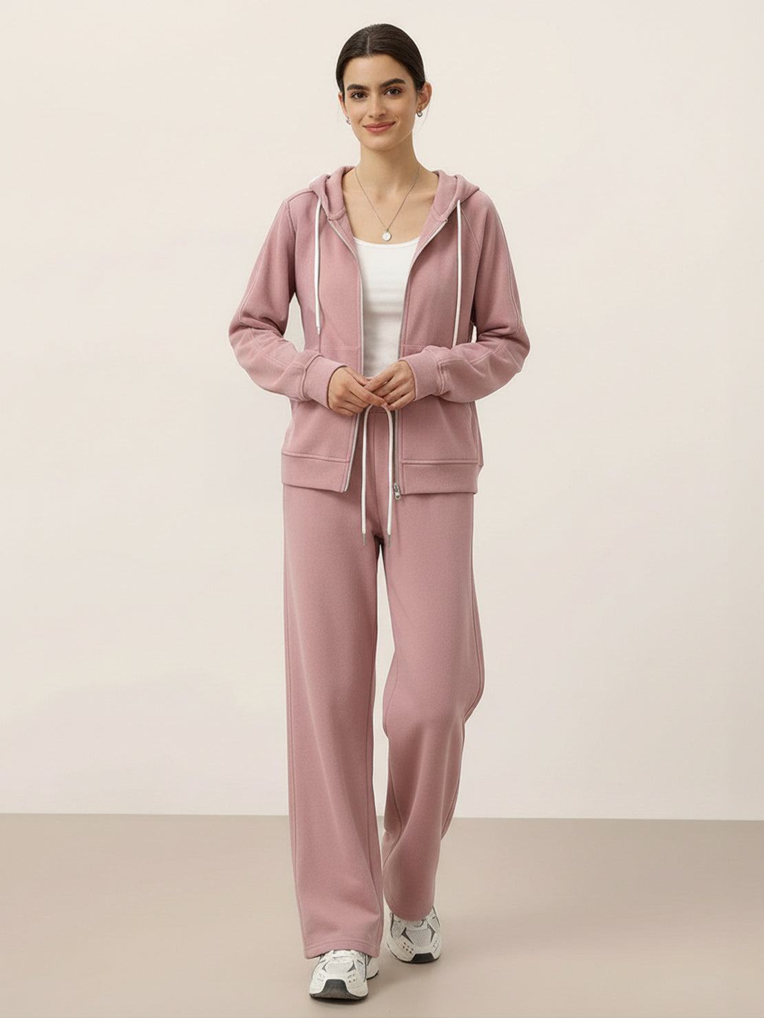 Chenille zip-up hoodie and wide-leg pants loungewear set in soft, subtle sheen fabric