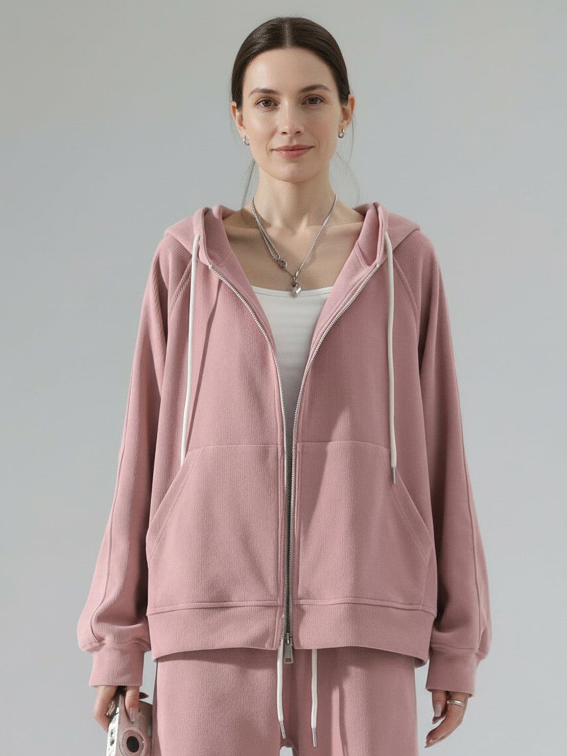Chenille zip-up loungewear set with hoodie and wide-leg pants in soft fabric