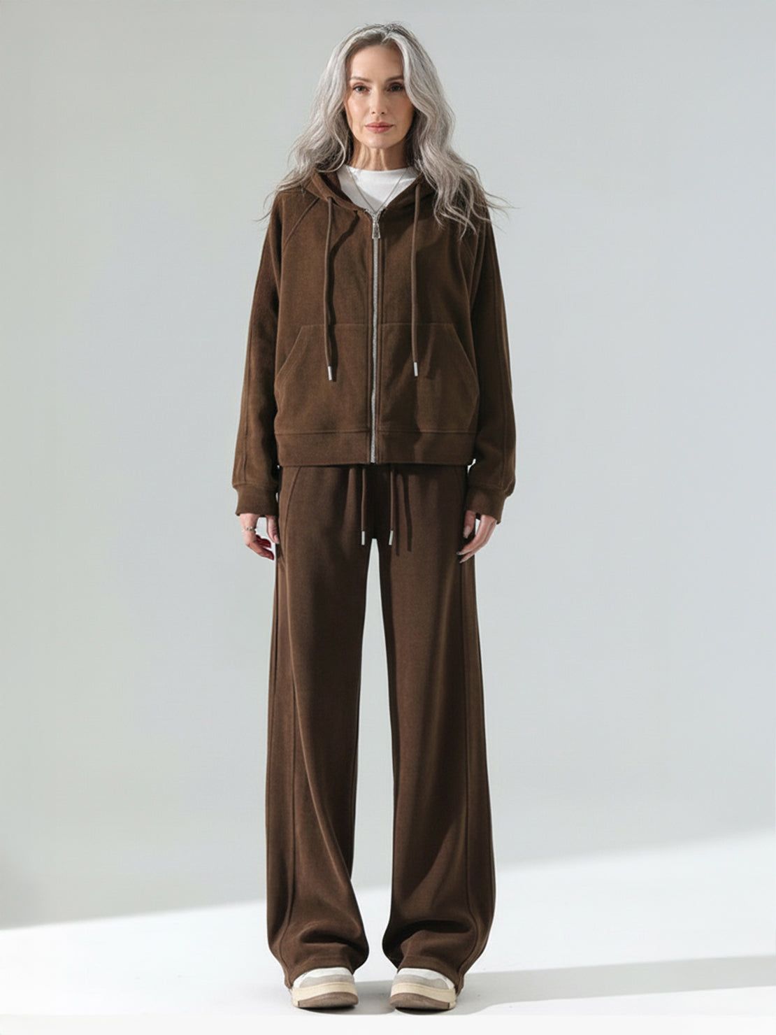 Chenille zip-up hoodie and wide-leg pants loungewear set with drawstring waist and side pockets in soft chenille fabric