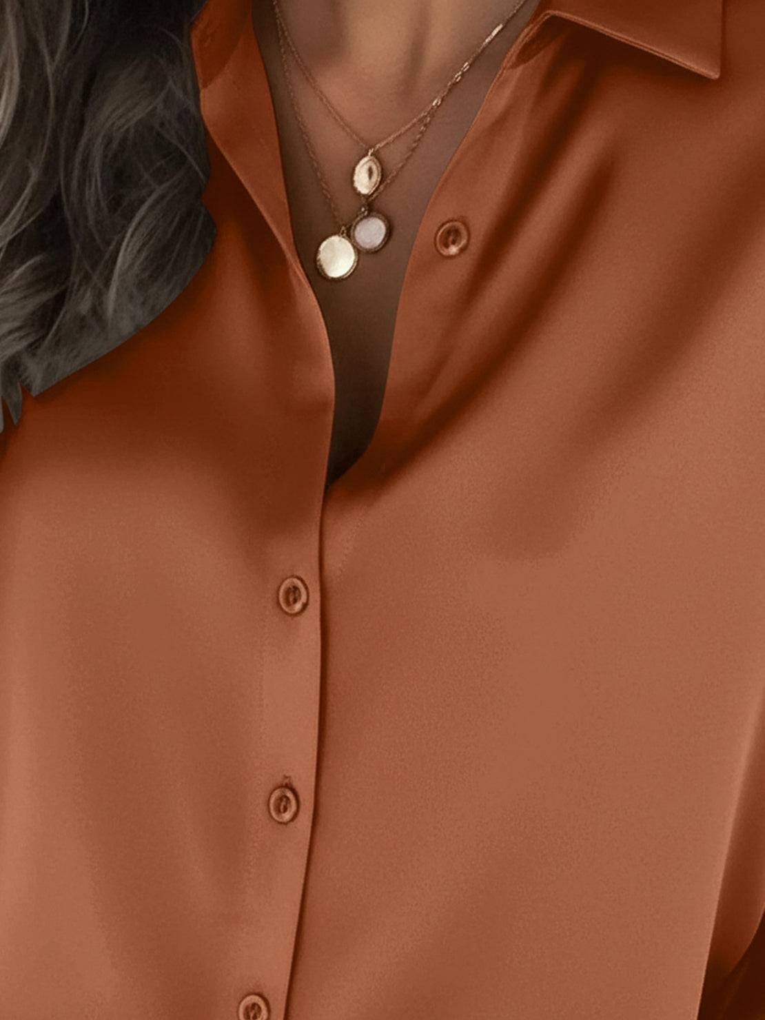 Silk-finish button front shirt with traditional collar and curved hem in smooth polyester blend