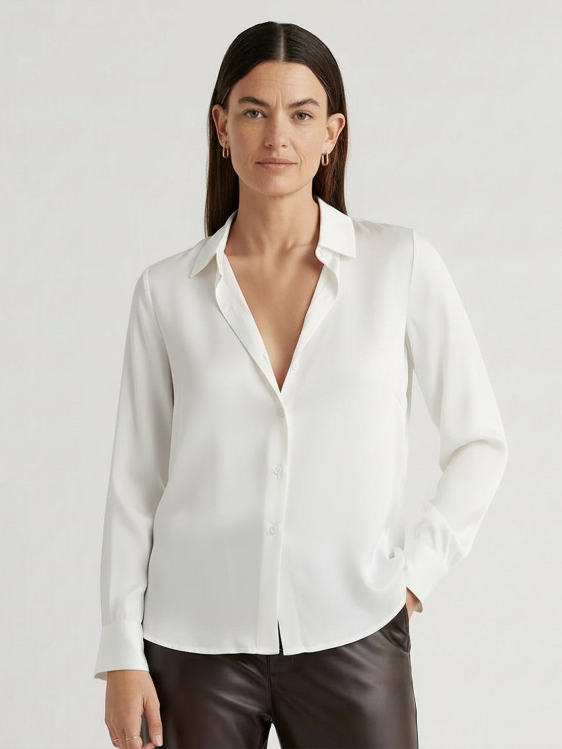 silk-finish button front shirt with relaxed fit and smooth fabric drape
