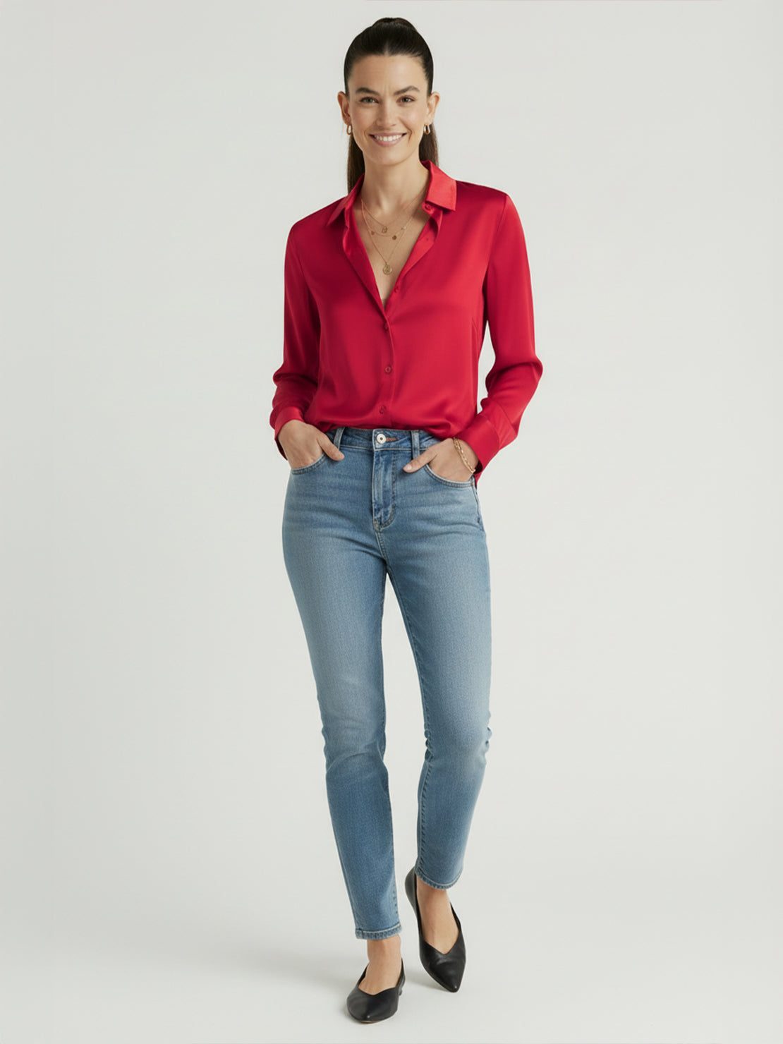 Silk-finish button front shirt with traditional collar and relaxed fit