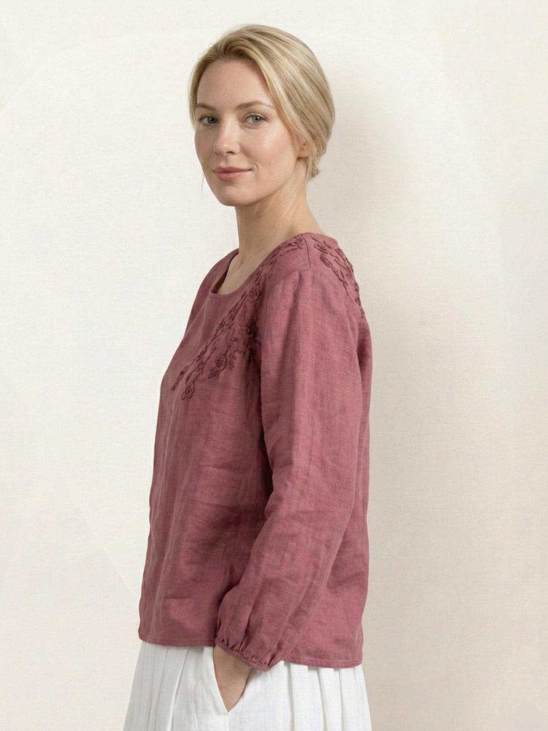 Cotton-linen embroidered blouse with relaxed boxy fit, 3/4 balloon sleeves, and tonal floral detail on shoulder