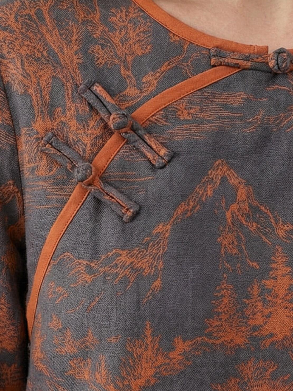 100% cotton Chinese Pankou pajamas with tunic top and wide-leg pants in bold landscape print