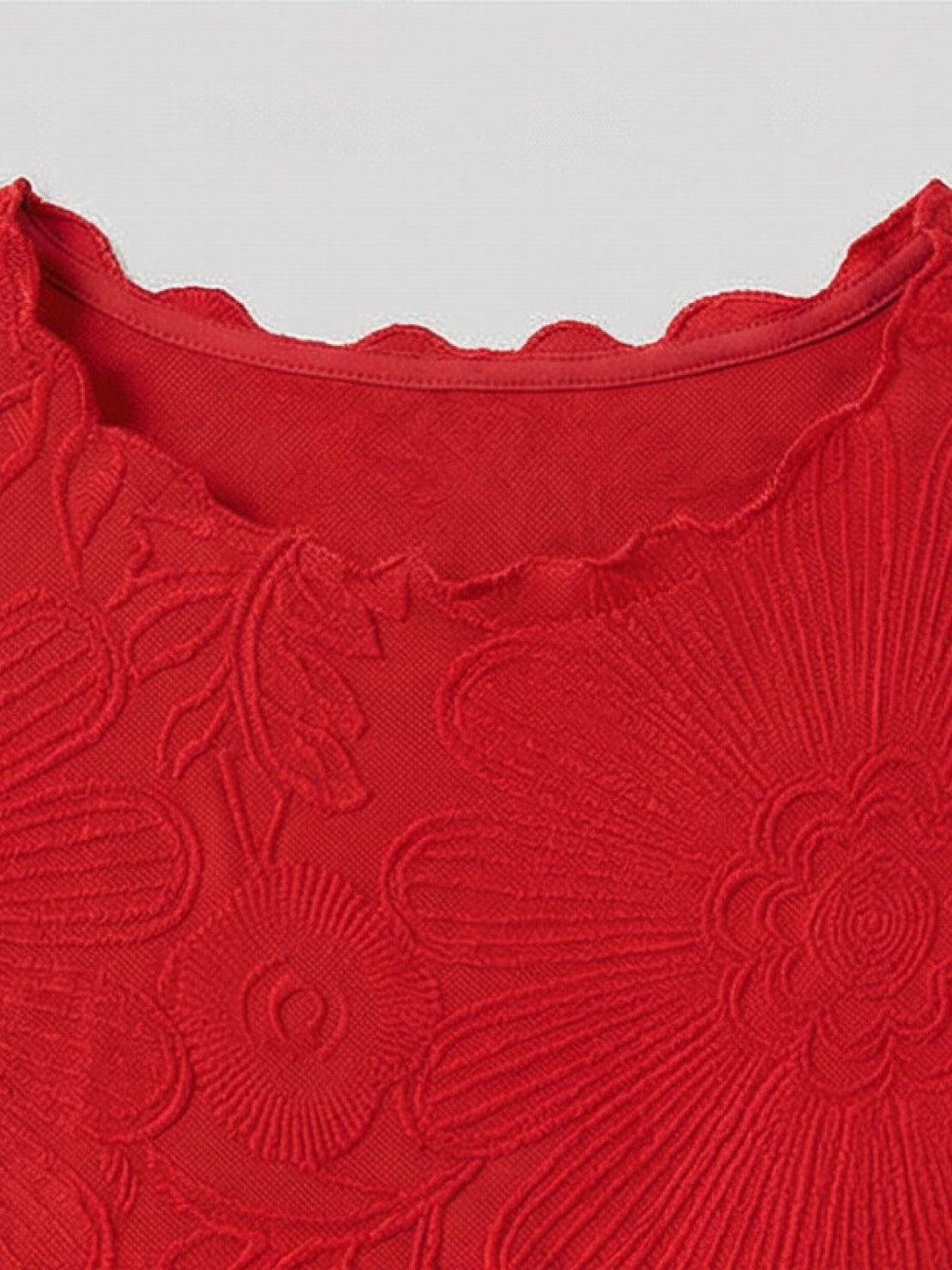 Floral Jacquard Pleated Top with 3D floral texture, flutter sleeves, and relaxed A-line silhouette