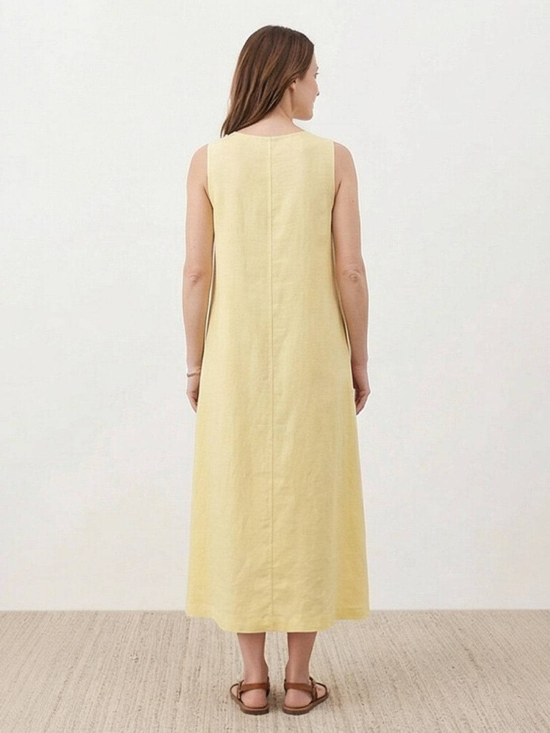 Lightweight cotton linen sleeveless maxi dress with round neckline and loose ankle-length silhouette
