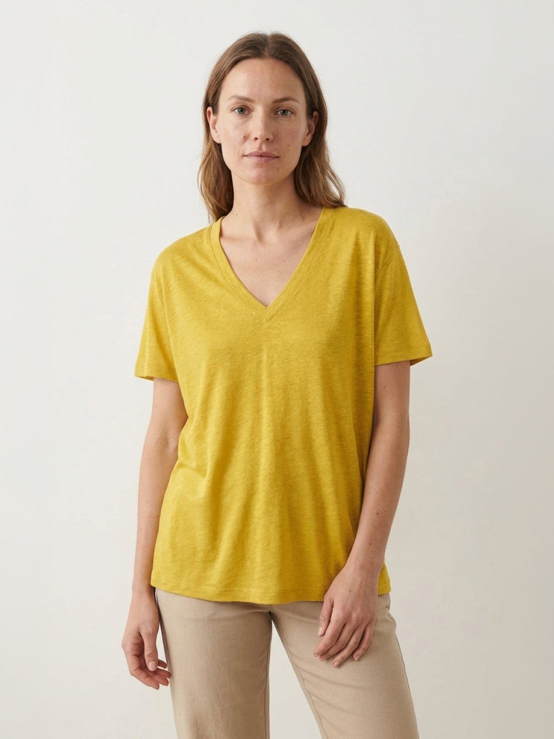 Linen-Bamboo V-Neck Tee with deep V-neck, short sleeves, and relaxed fit made from breathable linen and bamboo viscose blend