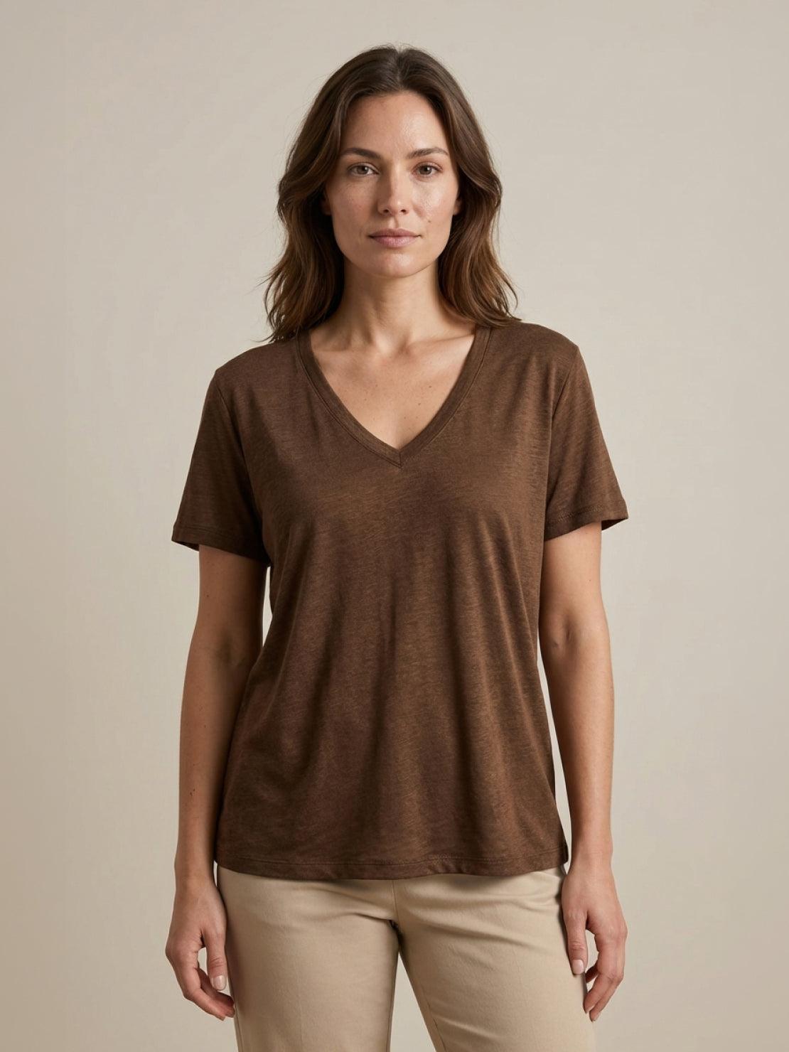 Linen-Bamboo V-Neck Tee with deep V-neck, short sleeves, relaxed fit, and smooth bamboo-linen blend fabric