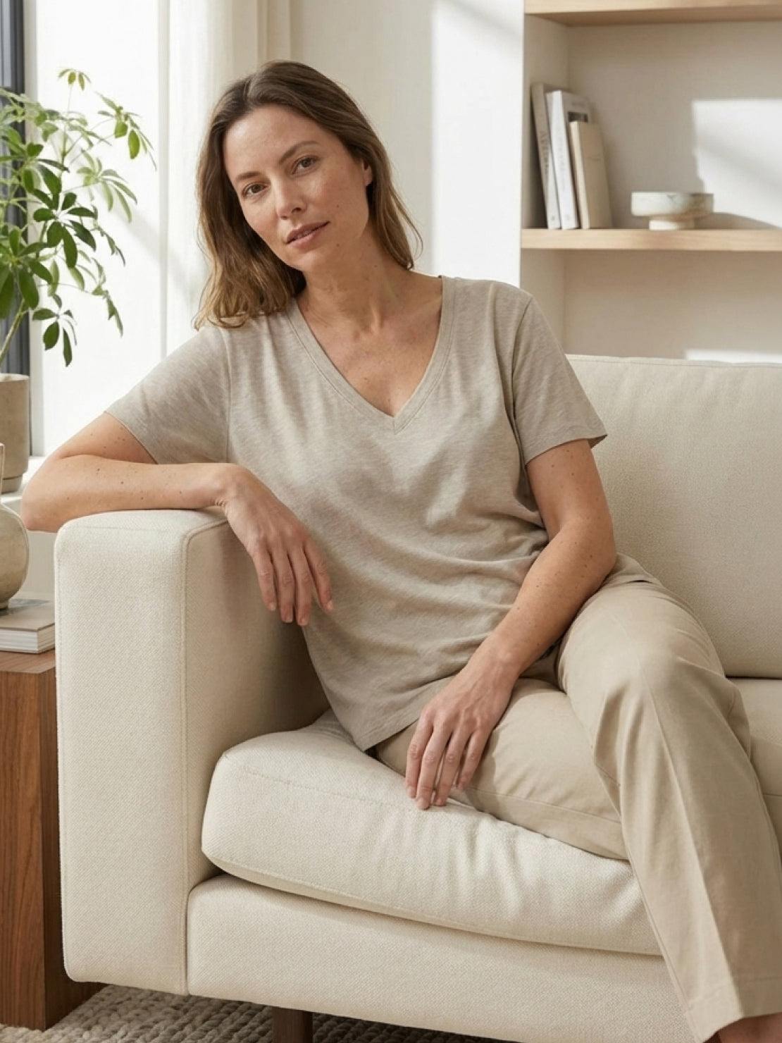 Linen-Bamboo V-Neck Tee with deep V-neckline and relaxed silhouette in breathable linen-bamboo blend fabric