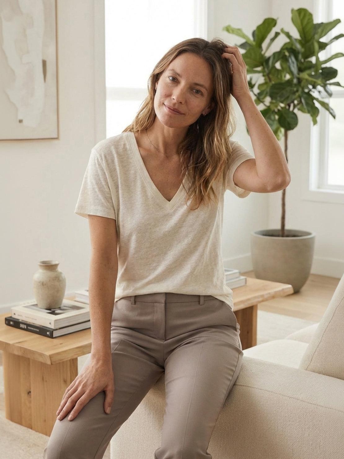 Linen-Bamboo V-Neck Tee with deep V-neck and relaxed fit in breathable linen and bamboo viscose blend