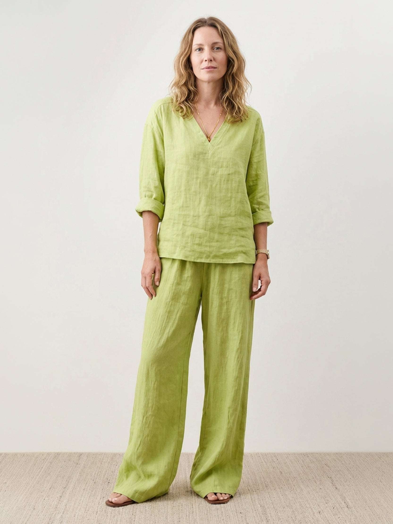 Lightweight 100% cotton linen set with V-neck top and wide-leg pants