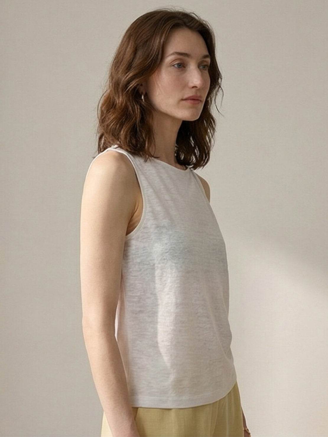 100% linen sleeveless vest with cowl drape and wide boat neck styles