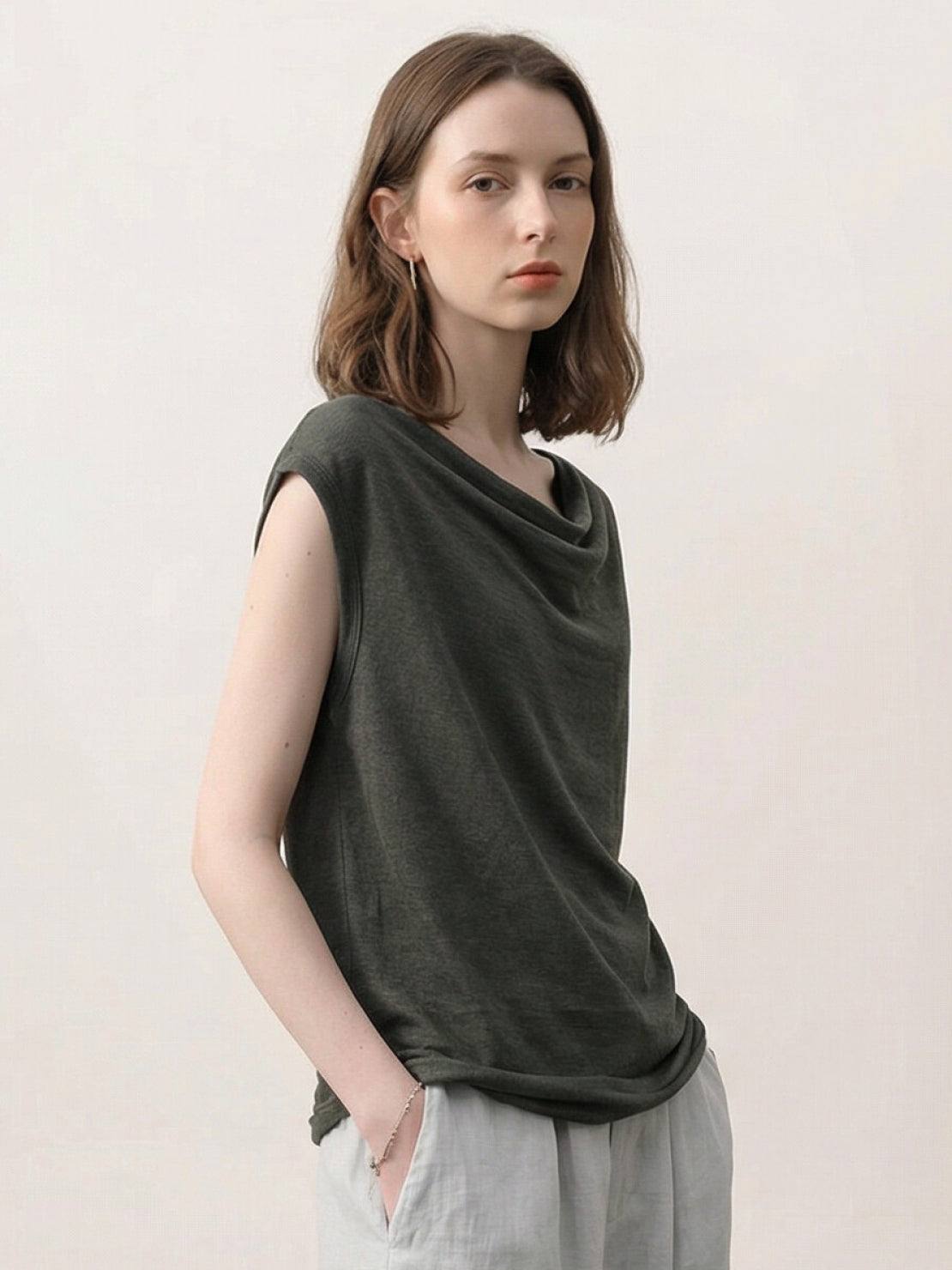100% linen wide neck vest with cowl drape and boat neck styles, sleeveless, natural texture, breathable fabric