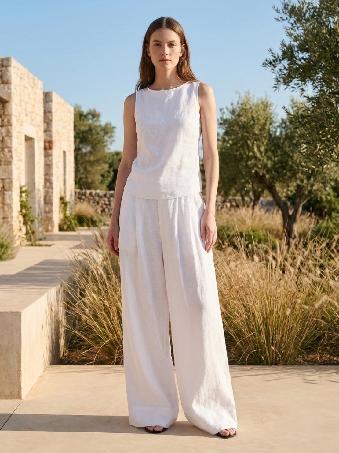 White Tencel-linen blend pleated wide-leg floor-length pants with hook-and-zipper waist closure
