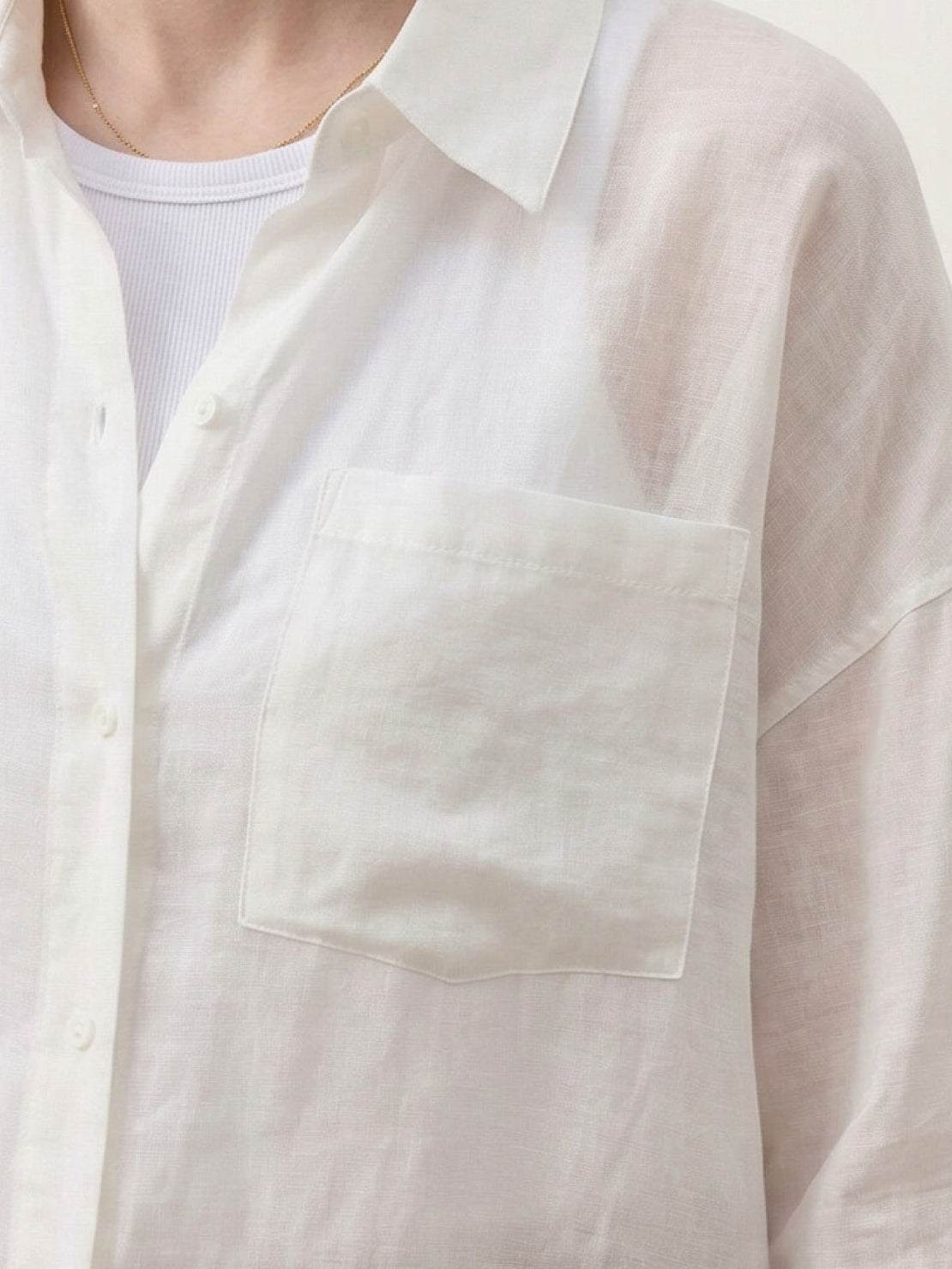 Lightweight 100% linen sheer overshirt with oversized fit and button front