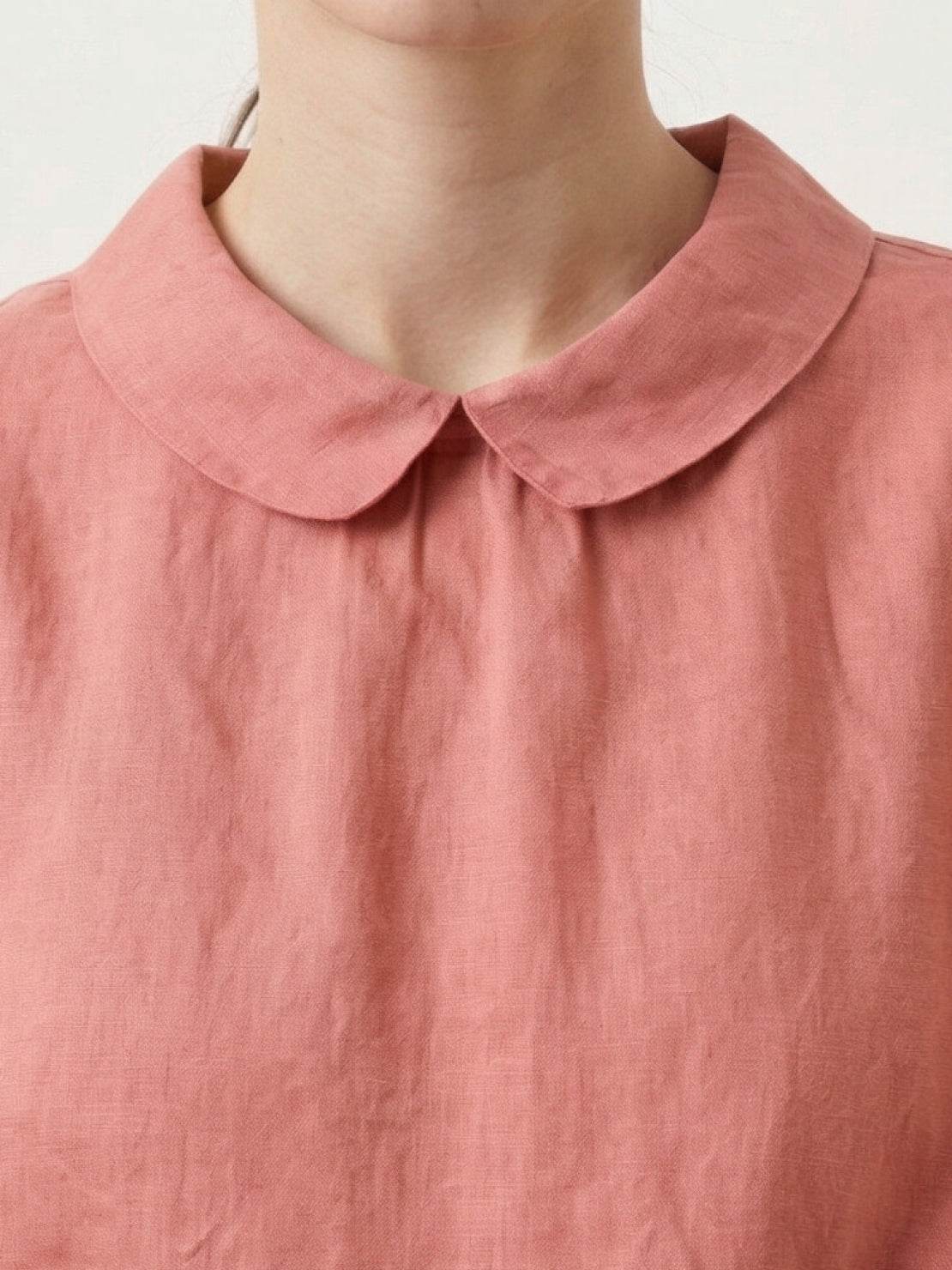 100% linen two-way button blouse with A-line silhouette, cap sleeves, and Peter Pan collar