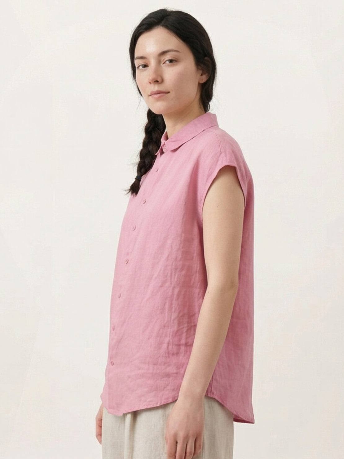 100% linen two-way button blouse with Peter Pan collar and cap sleeves