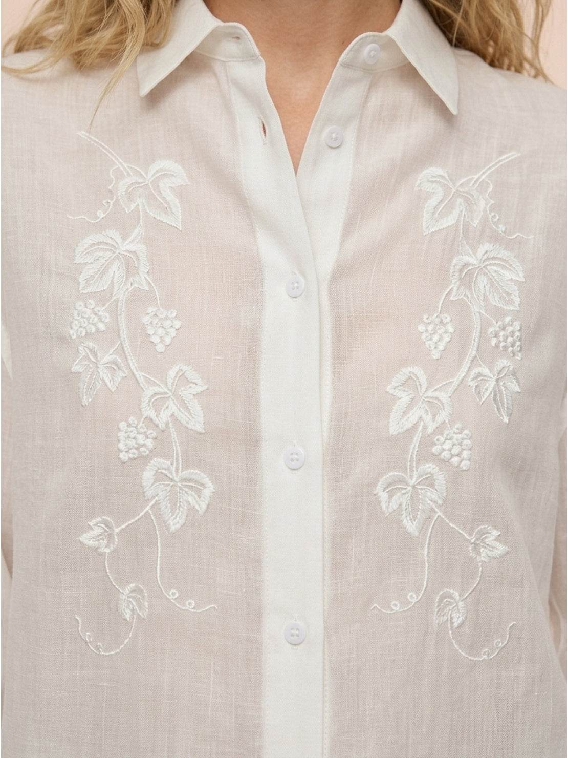 White Ramie Linen-Lyocell blend embroidered tunic shirt with curved hem and side slits