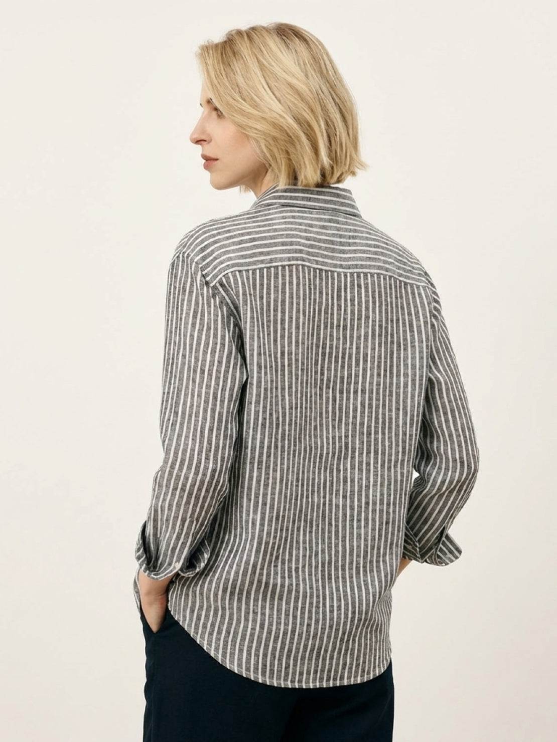 Women's 100% linen pinstripe shirt with loose fit, drop shoulders, and full button placket