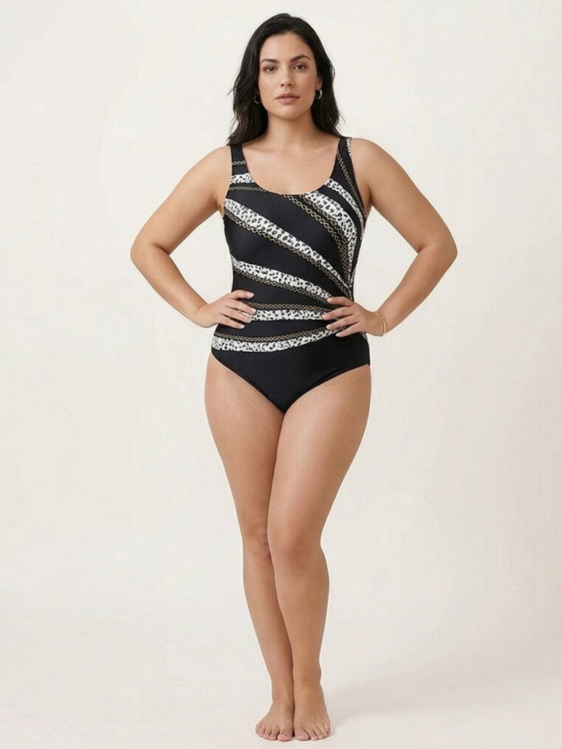 Curve-Fit Open-Back Swimsuit with scoop front, deep V back, adjustable straps, and diagonal back panels in stretchy fabric