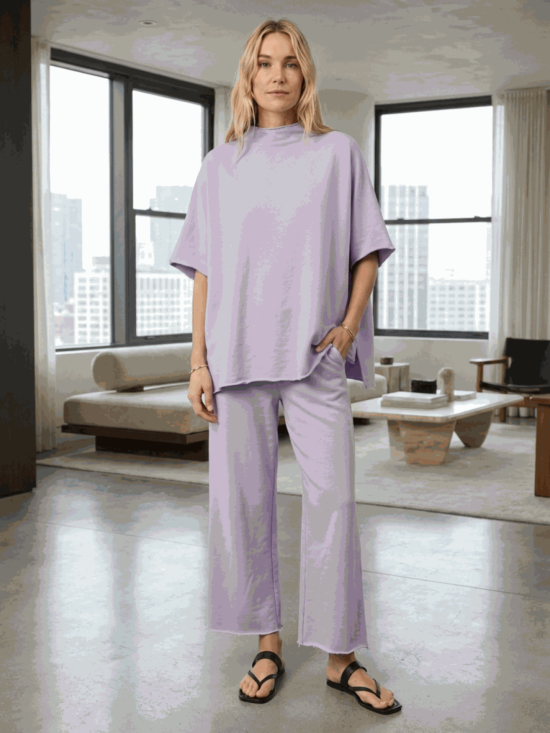 Woman wearing chocolate brown cotton-blend capelet lounge set with batwing sleeves and wide-leg pants