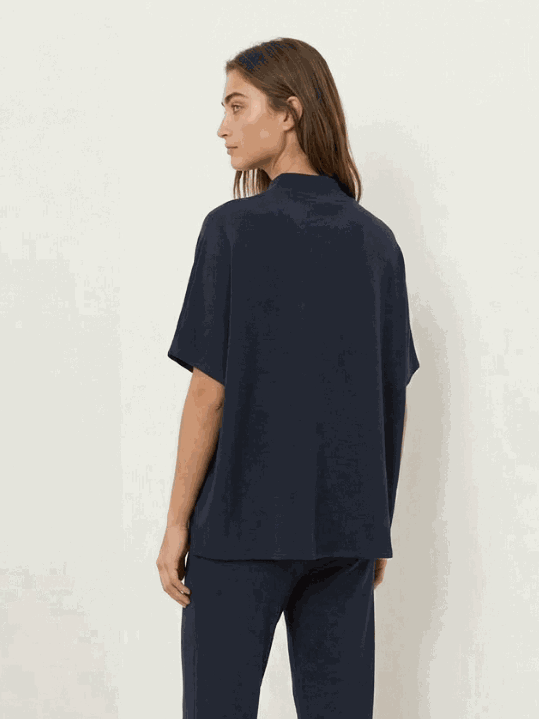 Cotton-blend capelet lounge set with mock neck top and wide-leg pants in relaxed fit