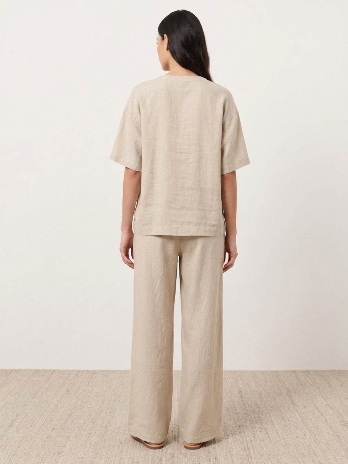 100% cotton two-piece set with button-front top and wide-leg pants in soft solid colors