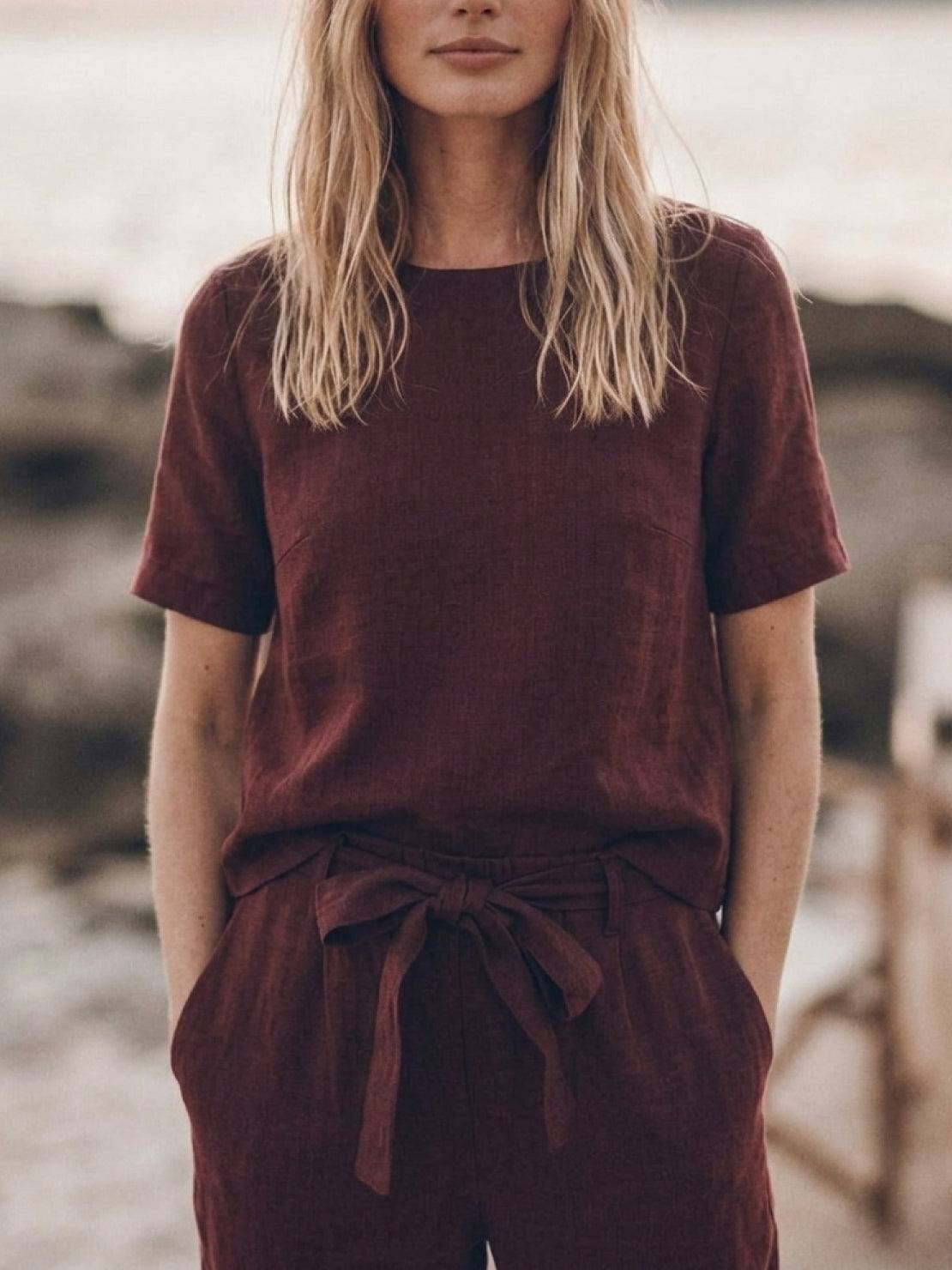Cotton-linen set with relaxed short-sleeve top and straight-leg pants in breathable monochrome fabric