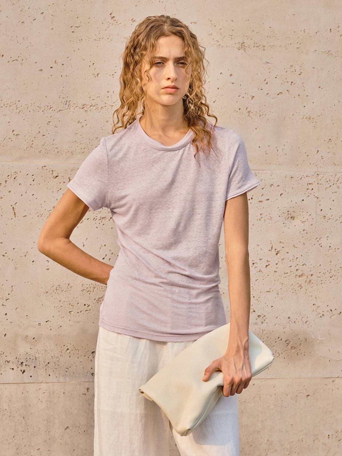 100% linen rolled cuff tee with relaxed scoop neckline in white