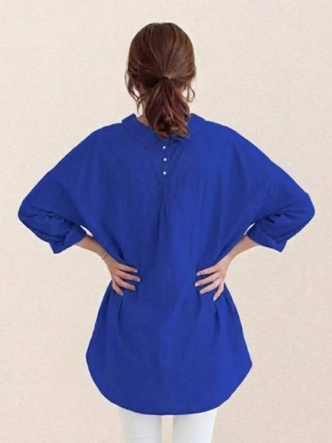 oversized relaxed fit cotton linen shirt with dropped shoulders and back pleat detail