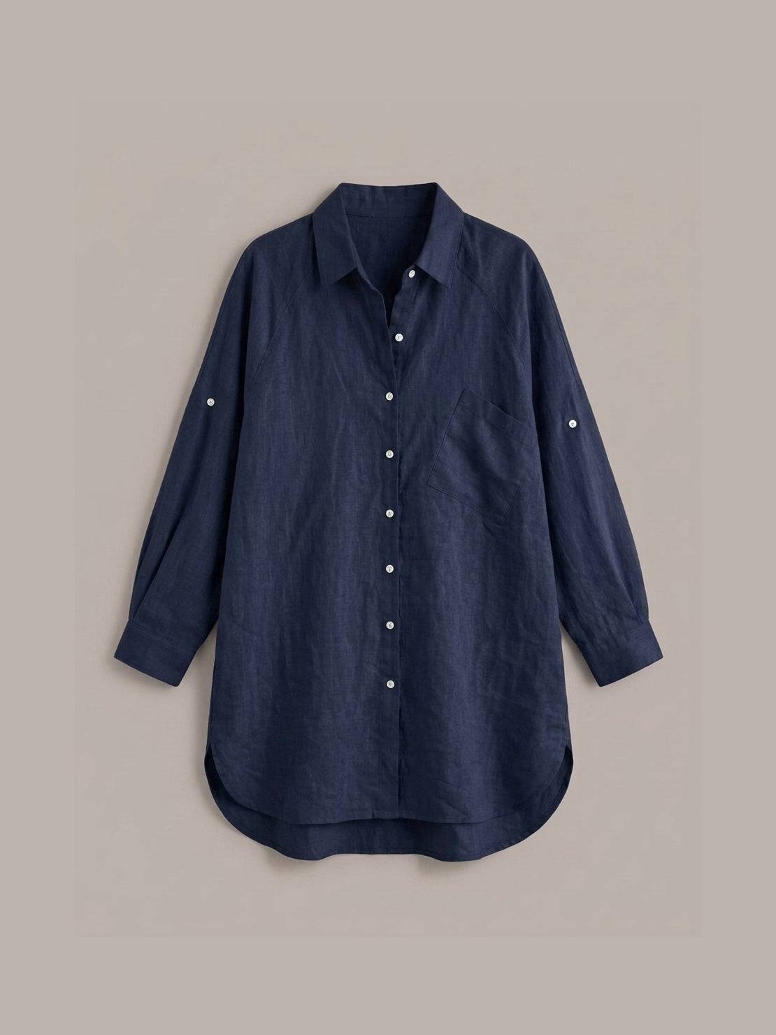 relaxed oversized 100% cotton linen shirt with dropped shoulders and back pleat detail